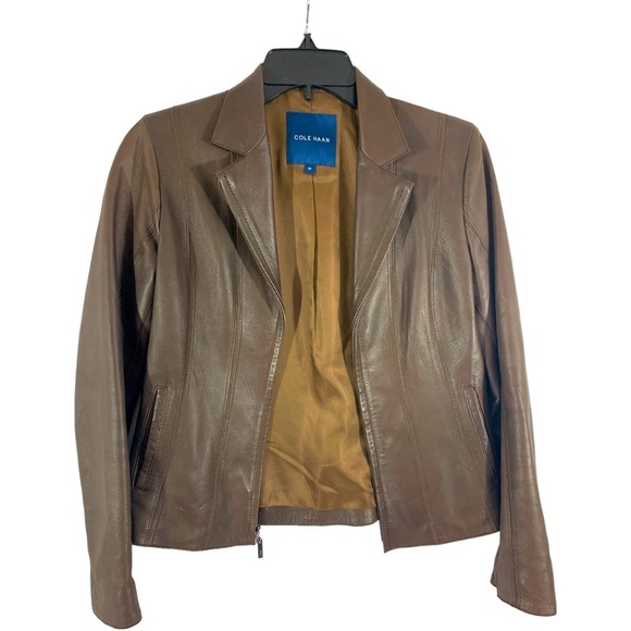 Cole Haan ✘ 100% Lambskin Leather Collared Zip Front Wing Collar Beown Jacket 4P